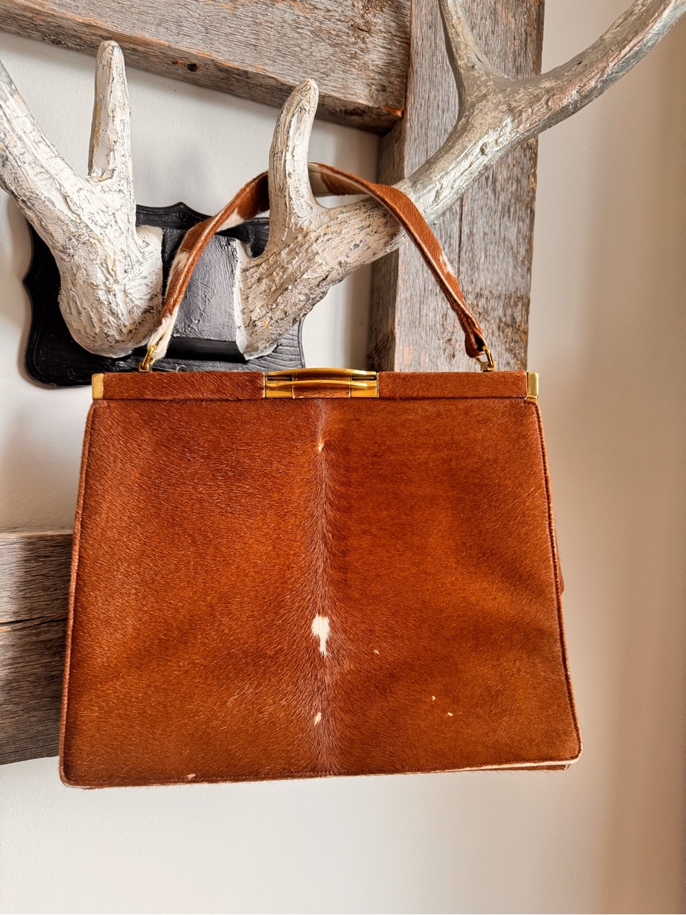 Vintage Brown Haircalf Top-Handle Women's Handbag with Gold Hardware